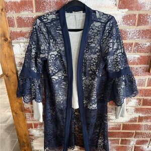 Maya Brook Sheer Floral Lace Kimono Cardigan Top size 10 navy blue boho festival